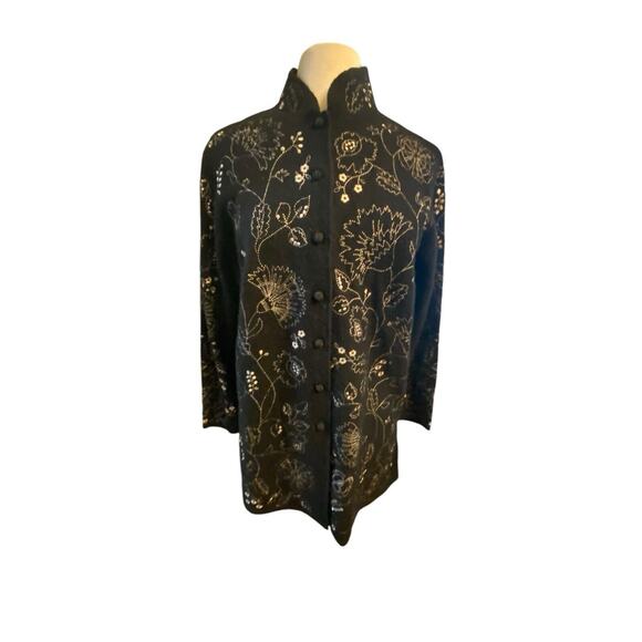 Cambridge Dry Goods Sweaters - Cambridge Dry Goods 100% Wool Sweater Size L Mandarin Collar Button Black Floral
